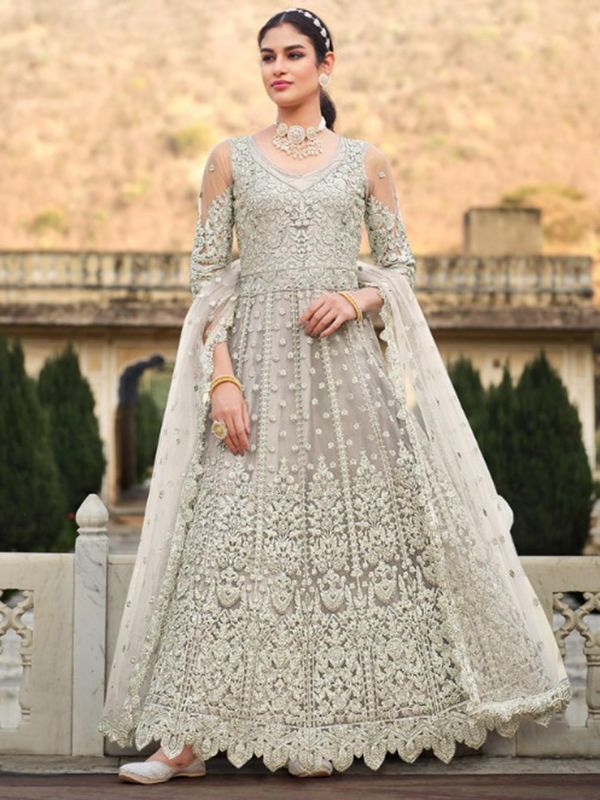 Silver Embroidered Anarkali Salwar Kameez In Net