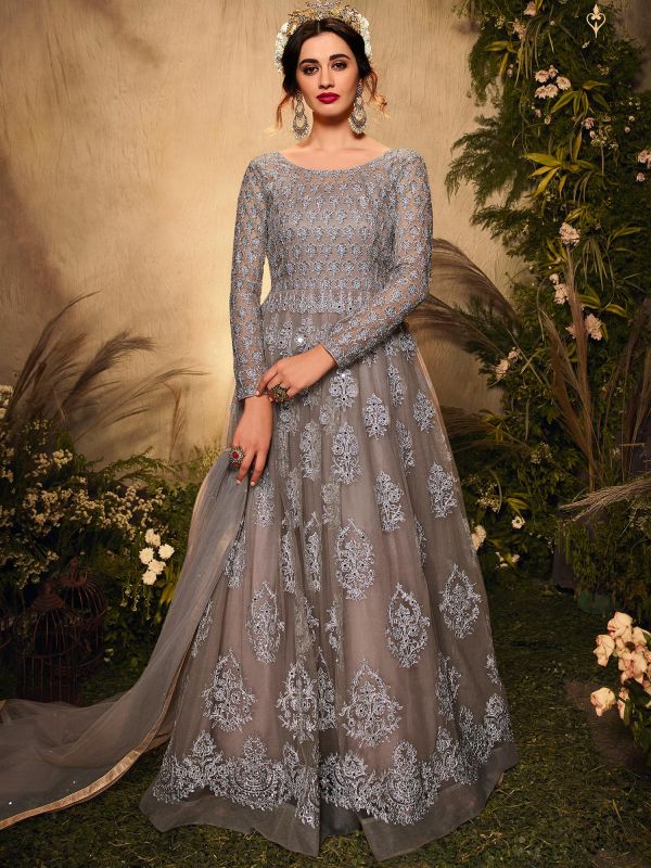 Grey Embroidered Abaya Style Suit In Net