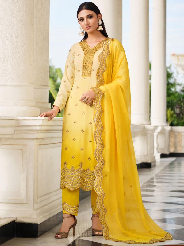 Yellow Shaded Pant Style Suit With Stone Work