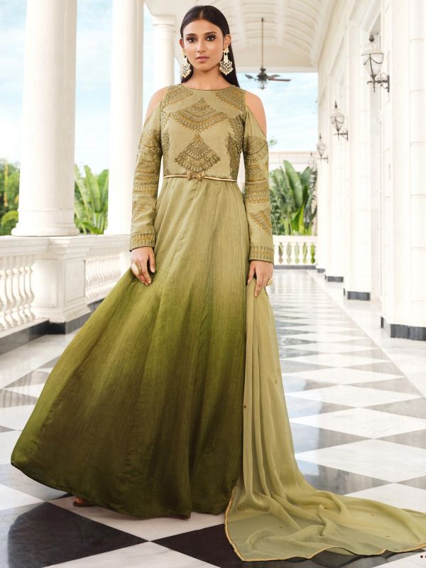 Green Embroidered Suit With Cold Shoulders