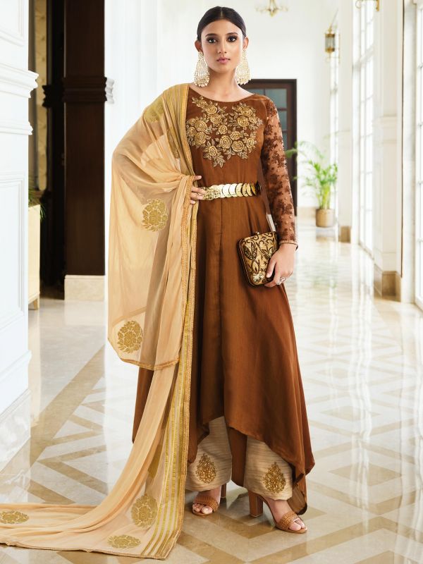 Brown Asymmetric Anarkali Suit With Embroidery