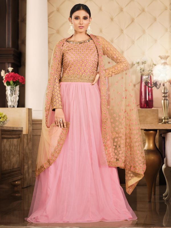 Pink Long Net Anarkali Suit With Embroidery