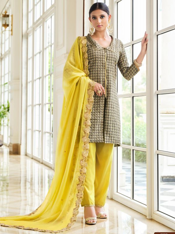 Grey Embroidered Pant Style Suit With Dupatta