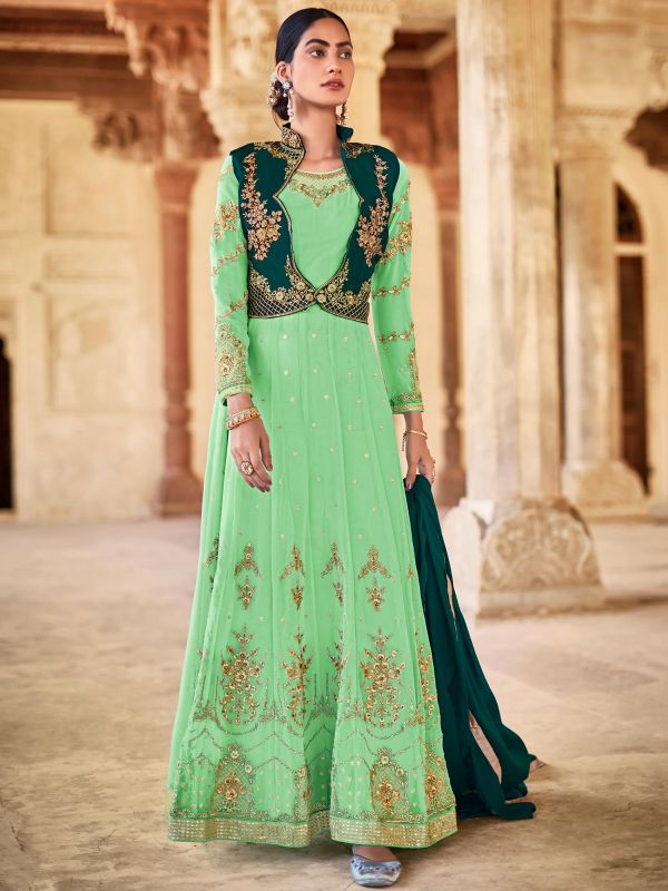 Green Jacket Style Embroidered Anarkali Salwar Suit