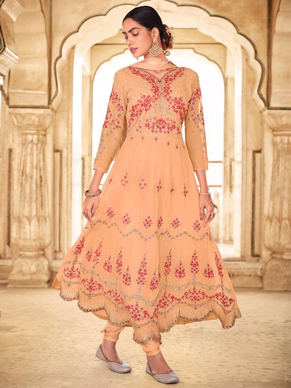 Peach Festive Anarkali Suit With Embroidery