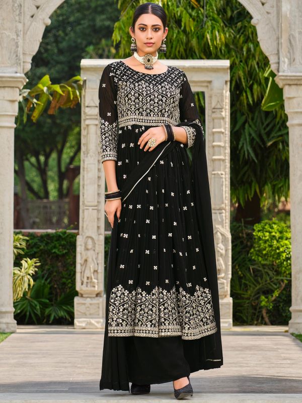 Black Thread Embroidered Palazzo Suit In Georgette