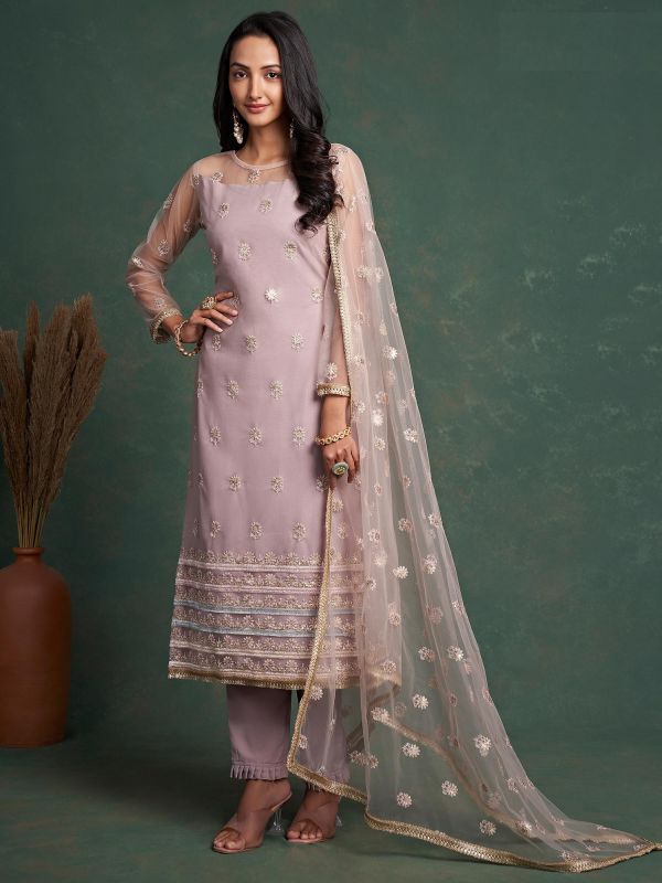 Purple Zari Embroidered Pant Style Suit In Net