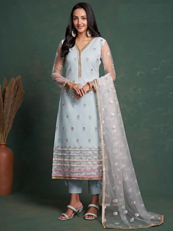 Blue Zari Embroidered Net Suit With Dupatta