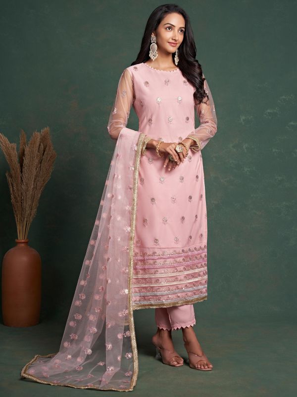 Pink Embroidered Straight Cut Style Suit In Net