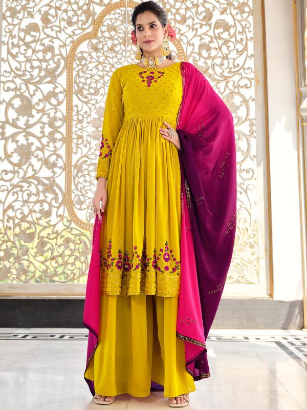 Yellow Embroidered Palazzo Salwar Suit With Dupatta