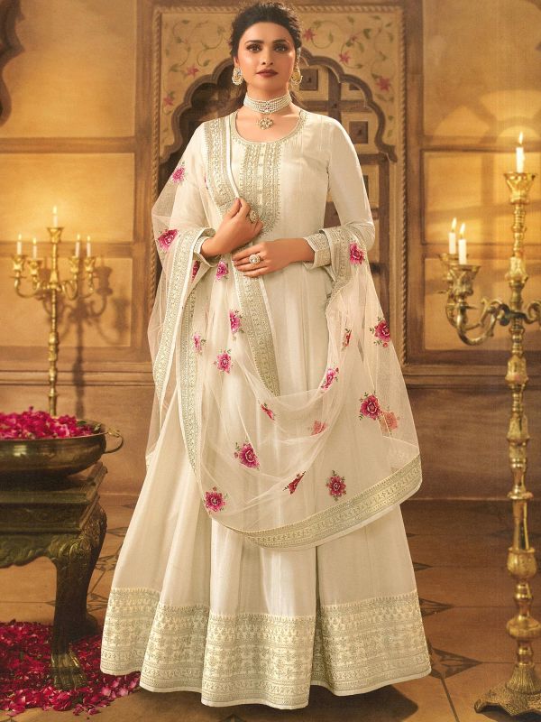 Prachi Desai White Zari Embroidered Salwar Kameez