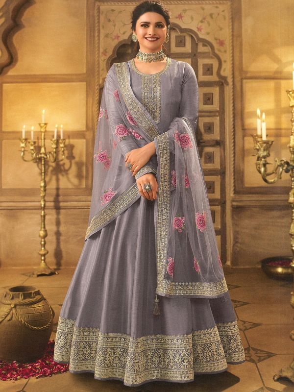 Prachi Desai Grey Sequins Embroidered Suit With Dupatta