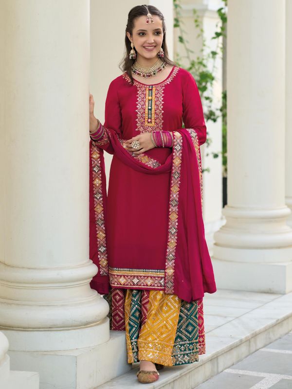 Pink Embroidered Sharara Suits With Dupatta