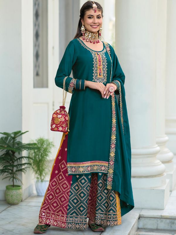 Green Sequins Embroidered Pakistani Suit In Crepe