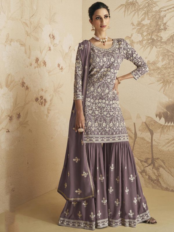 Purple Resham Embroidered Sharara Style Suit In Georgette