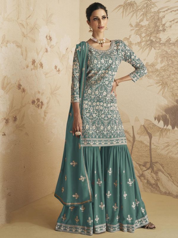 Blue Resham Embroidered Sharara Suit In Georgette
