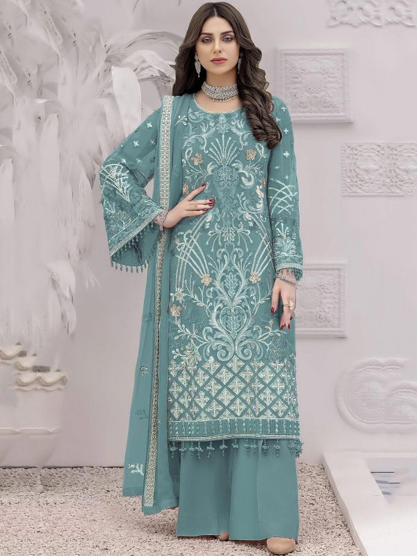 Blue Embroidered Palazzo Salwar Suit In Georgette