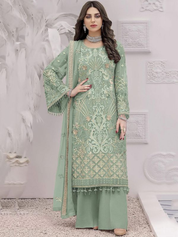 Green Thread Embroidered Palazzo Suit With Dupatta