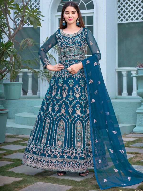 Blue Zari Embroidered Anarkali Salwar Suit In Net
