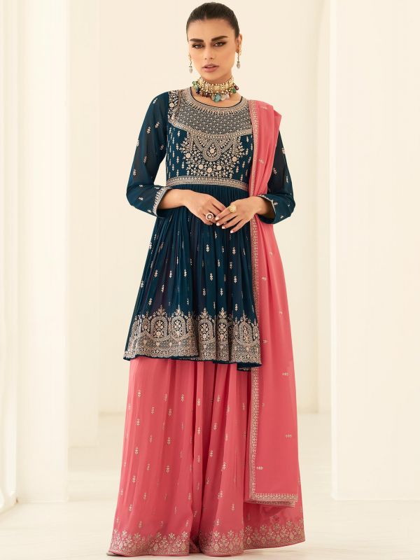 Blue Embroidered Pakistani Sharara Style Salwar Suit