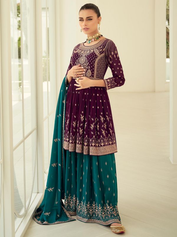 Purple Sequined Embroidered Suit In Sharara Style