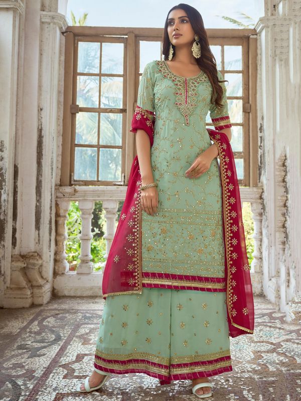 Green Hand Embroidered Palazzo Suit With Dupatta