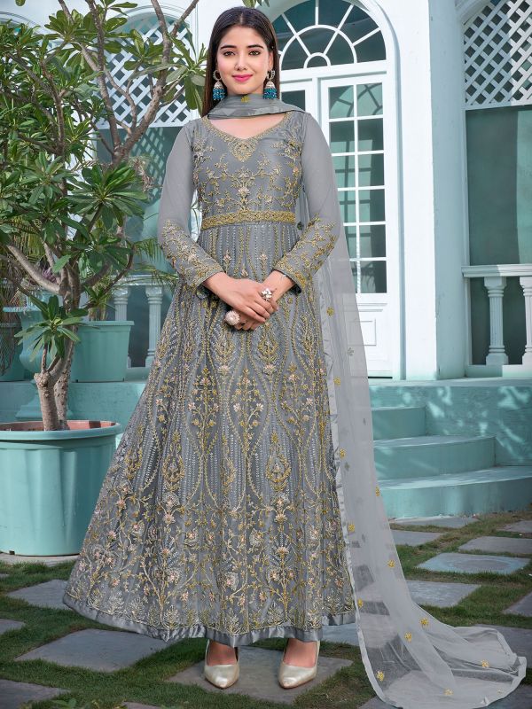 Grey Zari Embroidered Salwar Suit In Net