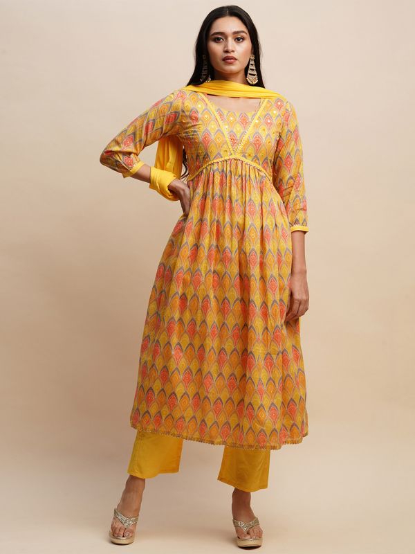 Yellow Printed Gathered Suit With Dupatta