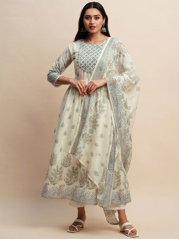 White Casual Anarkali Suit In Cotton