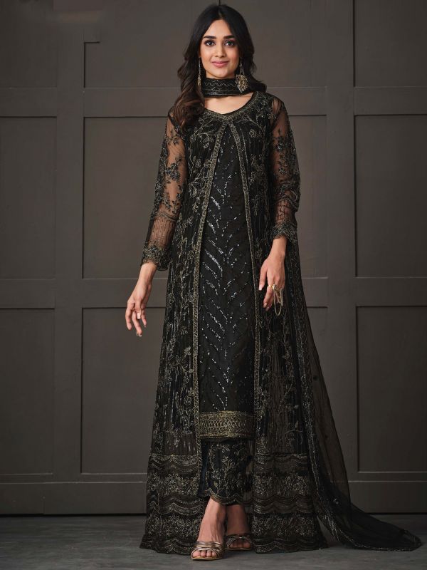 Black Slited Net Pant Suit With Dupatta