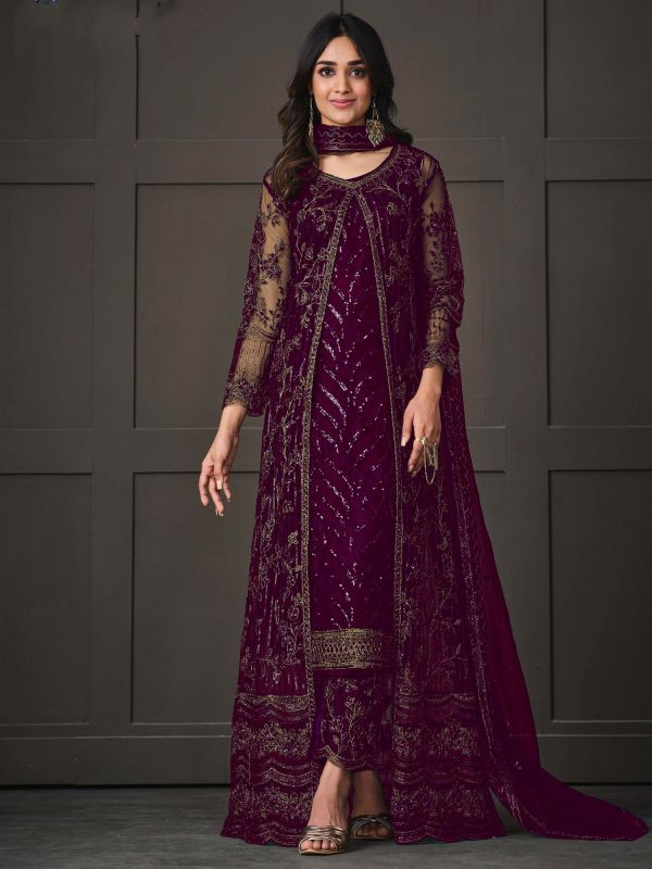 Purple Embroidered Jacket Style Suit In Net