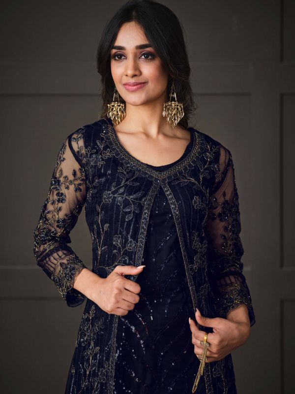 Blue Sequined Pant Style Suit With Dupatta