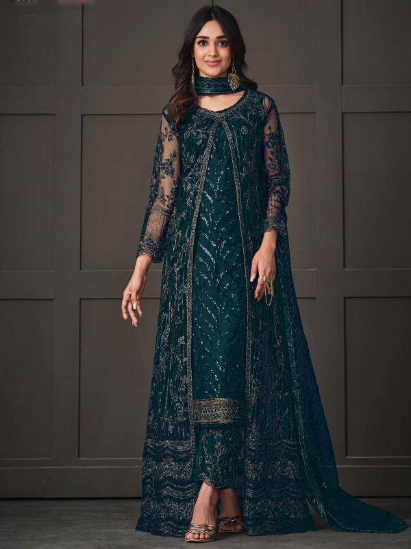 Green Embroidered Jacketed Salwar Suit In Net