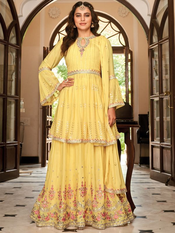 Yellow Embroidered Bell Sleeves Sharara Suit