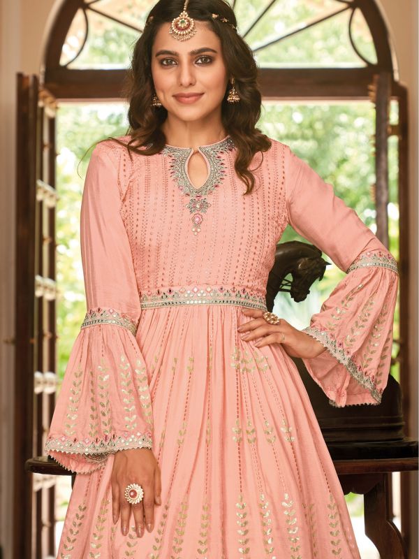 Peach Mirror Work Pakistani Style Suit In Georgette