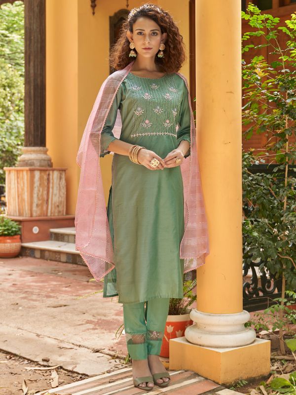 Green Hand Work Pant Suit In Crepe