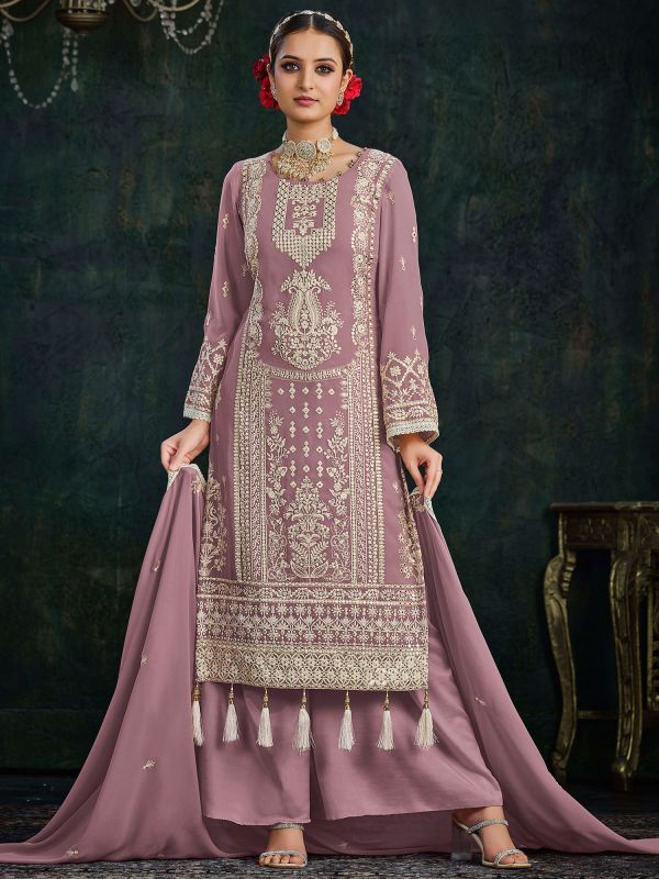 Purple Embroidered Palazzo Style Georgette Suit