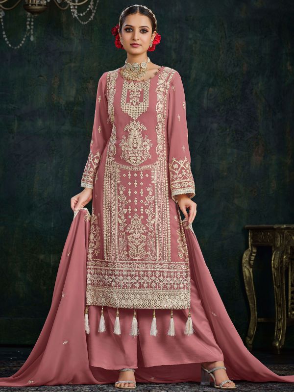 Pink Embroidered Festive Palazzo Style Suit
