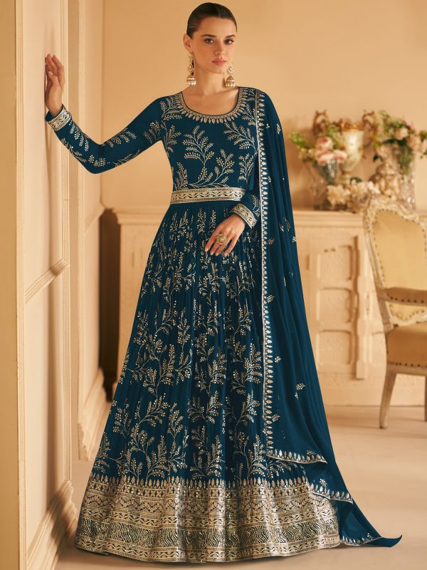 Blue Anarkali Salwar Suit With Zari Embriodery