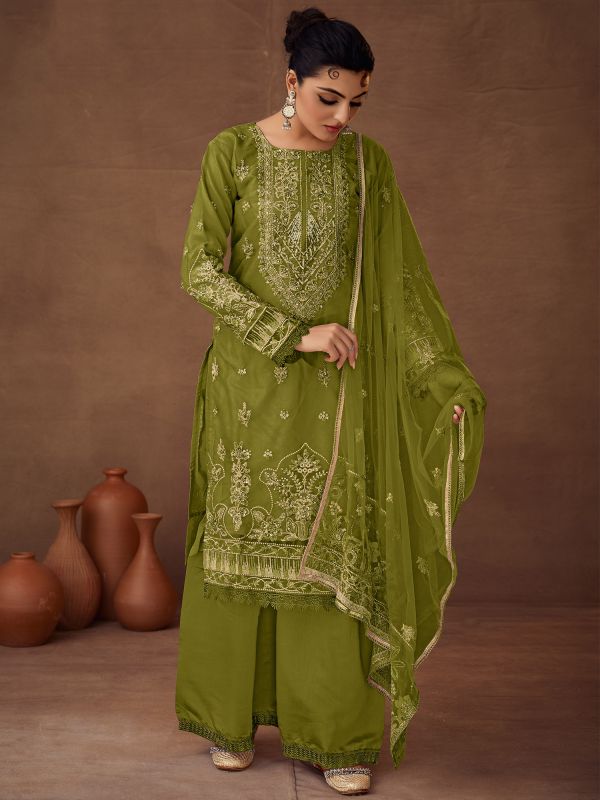 Green Organza Suit Set With Embroidered Dupatta