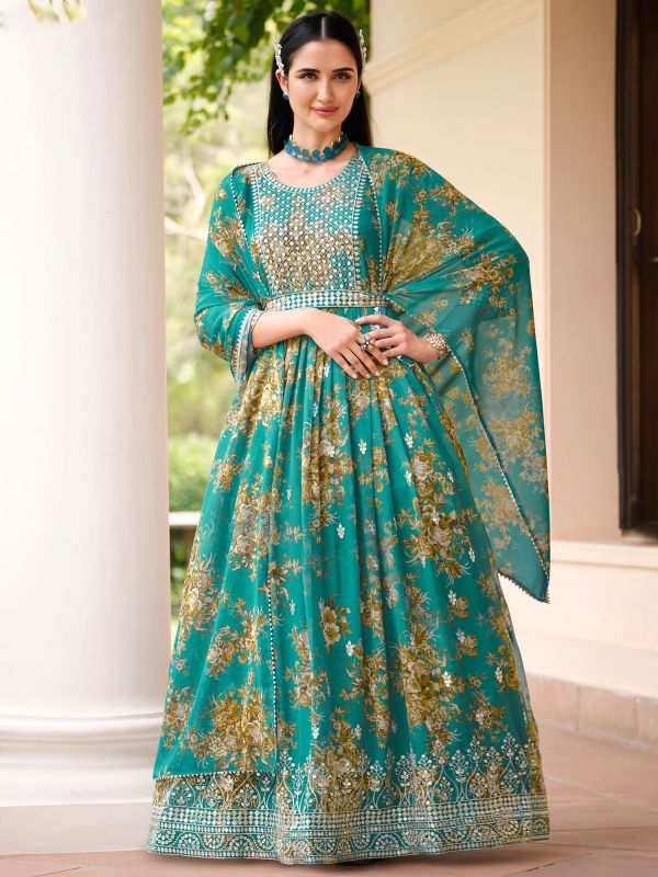 Blue Flared Anarkali Suit With Dupatta