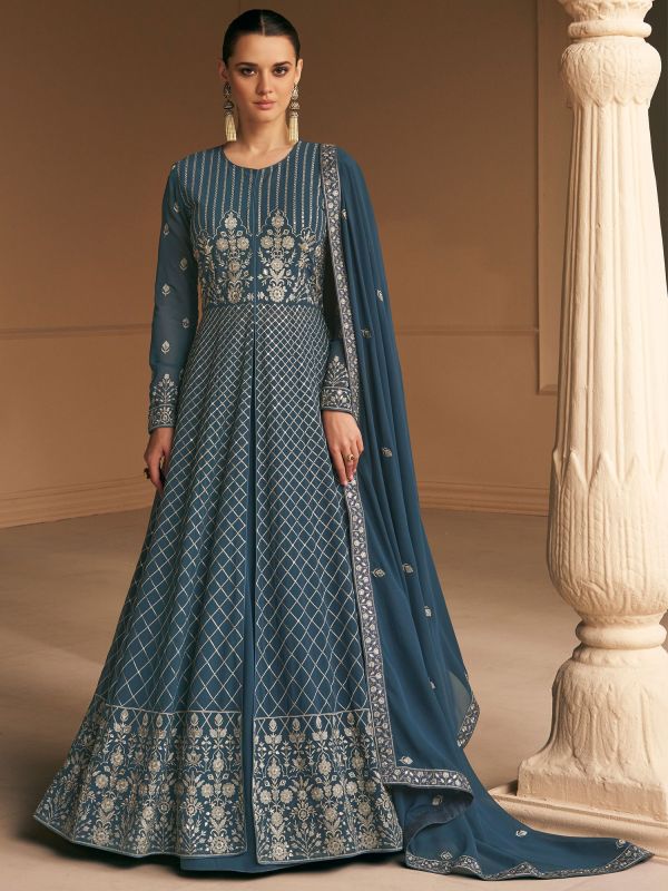Blue Anarkali Salwar Suit With Resham Embroidery
