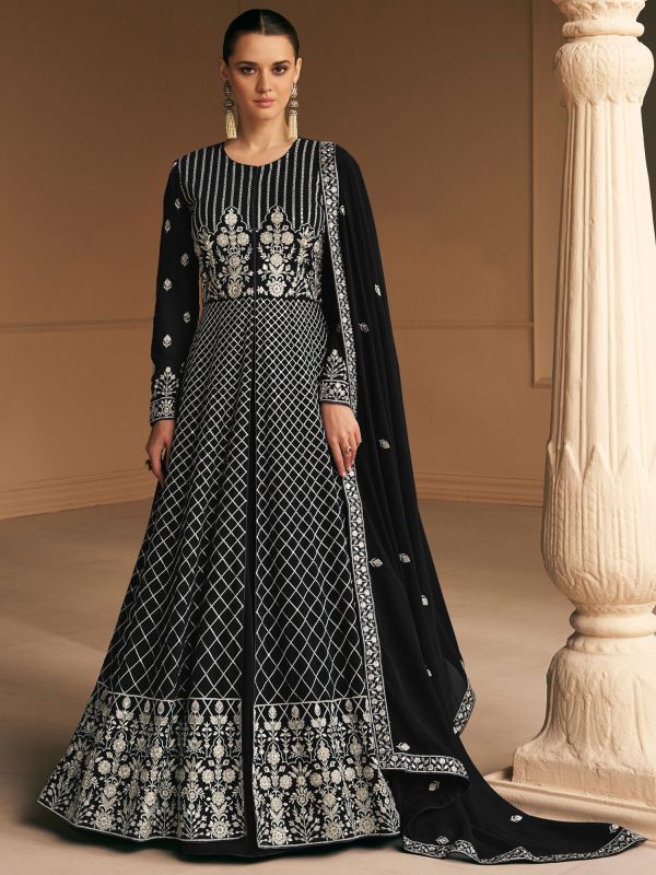 Black Resham Embroidery Suit Set In Anarkali Style