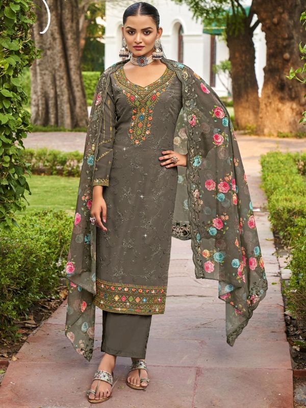 Grey Palazzo Style Suit With Floral Print Dupatta
