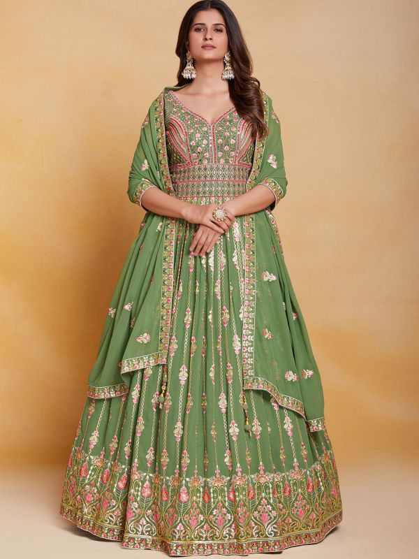 Green Mirror Work Anarkali Style Suit With Dupatta