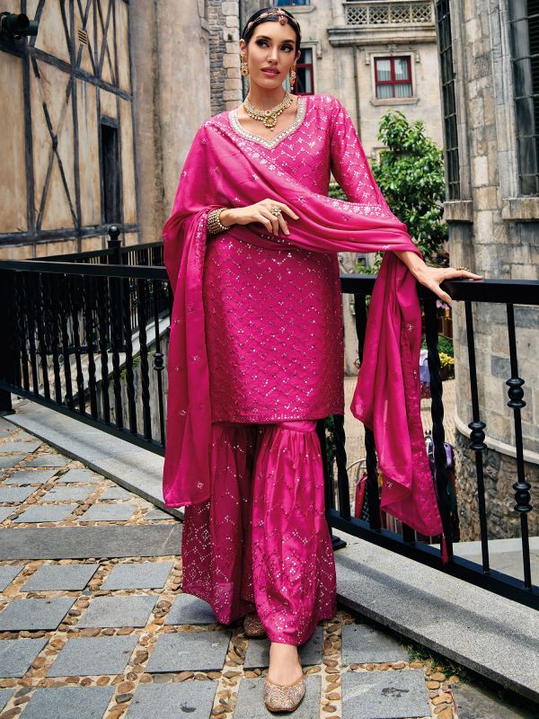 Pink Sharara Style Salwar Kameez In Chiffon
