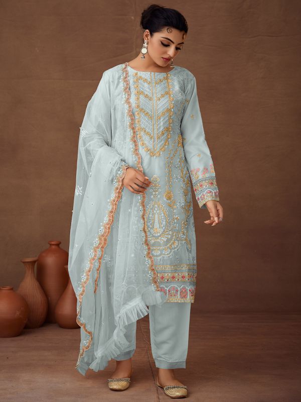 Blue Festive Pant Style Salwar Kameez In Organza