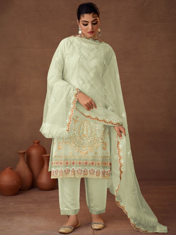 Green Organza Pant Style Suit Set In Organza