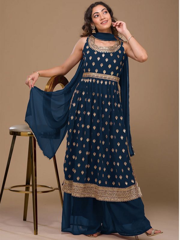 Blue Gathered Salwar Suit With Palazzo In Georgette