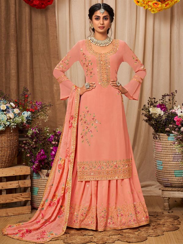 Peach Sharara Style Suit Set In Georgette